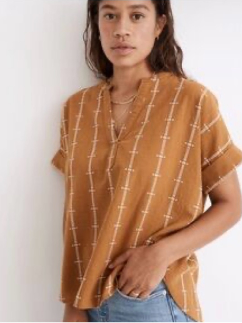Madewell Lakeline Popover Mustard Brown Jacquard’s Short-Sleeve Blouse, size S